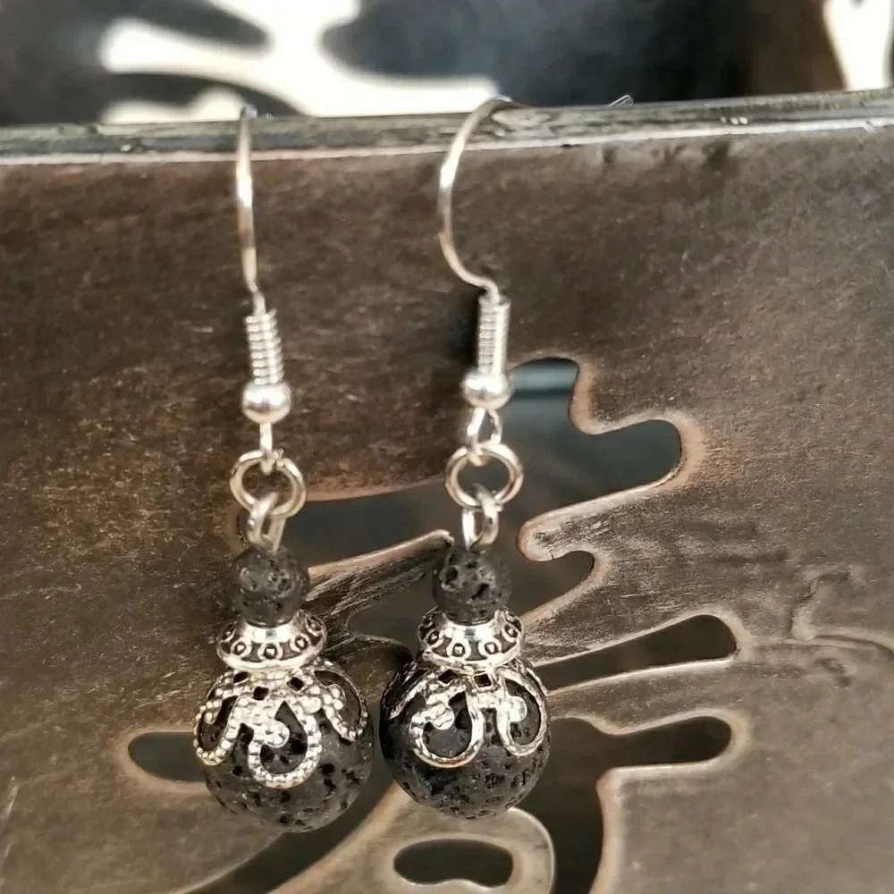 Victorian Lace Volcanic Black Lava Gemstone Earrings